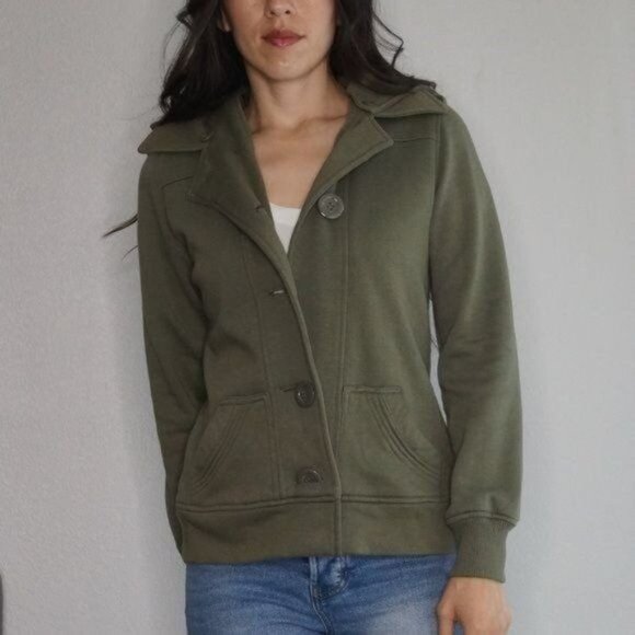 Jackets & Blazers - Olive Green Hooded Fleece Jacket Light Weight Coat Size S